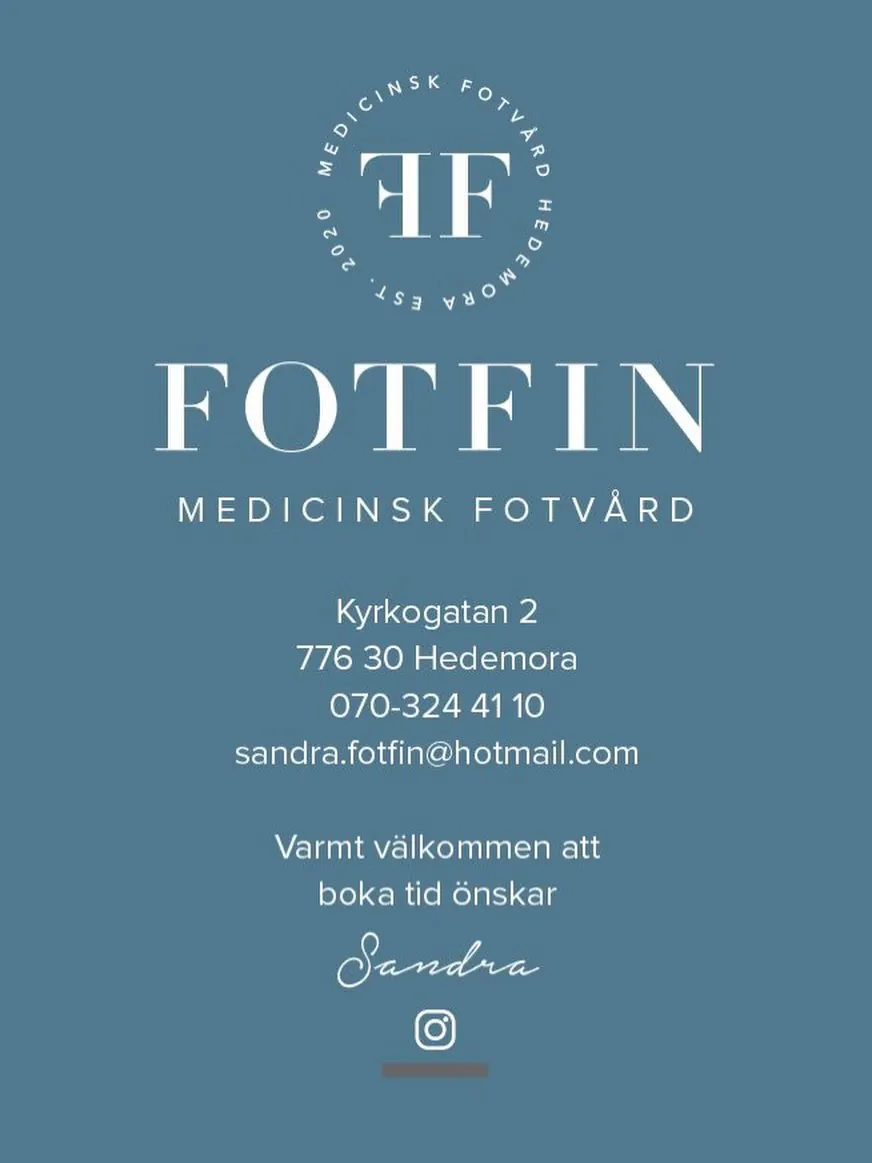 Fotfins visitkort med adress och telefonnummer